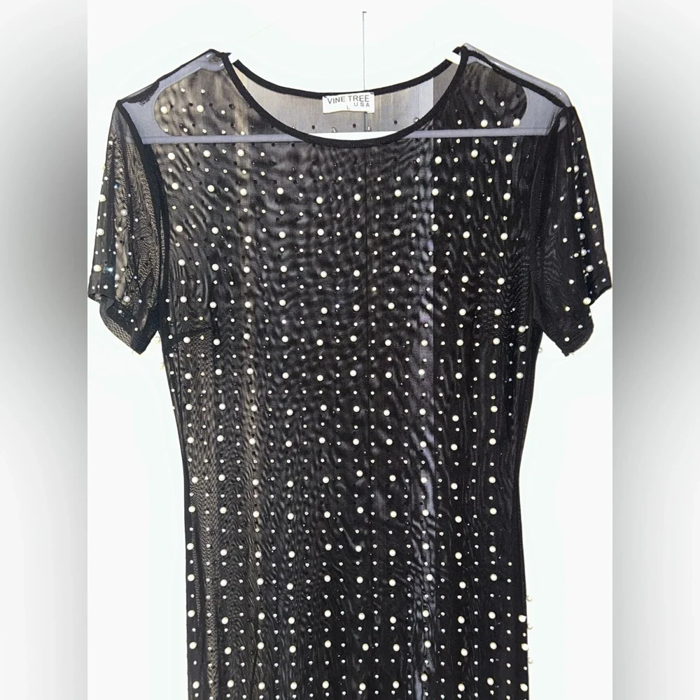 NWOT Elegant Black Sheer Dress with Pearl Detail - Picture 2 of 5